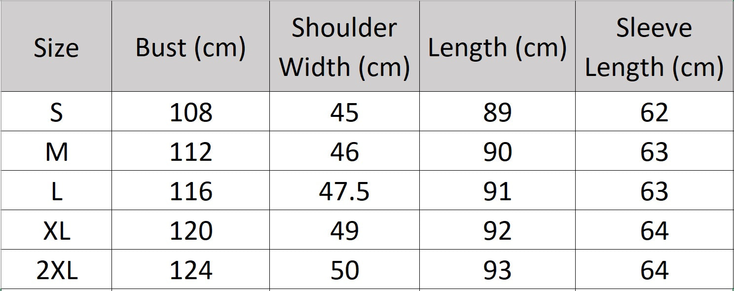 Men’s size chart for a Cashmere Trench Coat, crafted from a luxurious blend of 70% cashmere and 30% high-count wool. Featuring a double-breasted front, structured set-in sleeves, and refined trench coat detailing. From Borcelleclothes.
