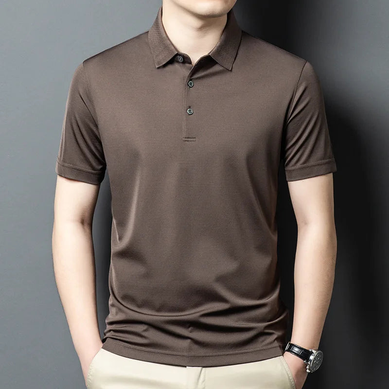 Mulberry silk polo in Kabul with textured collar and three diagonal stripes — subtle detail on a clean, breathable silhouette. From Borcelleclothes.
