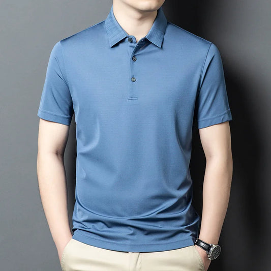 Mulberry silk polo in Polo Blue with textured collar and three diagonal stripes — subtle detail on a clean, breathable silhouette. From Borcelleclothes.