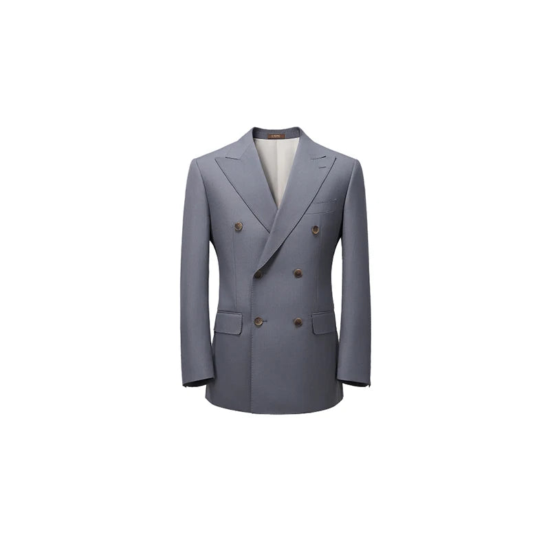 Frontal view of Comet blazer with peaked lapels and double-breasted cut. From Borcelleclothes.