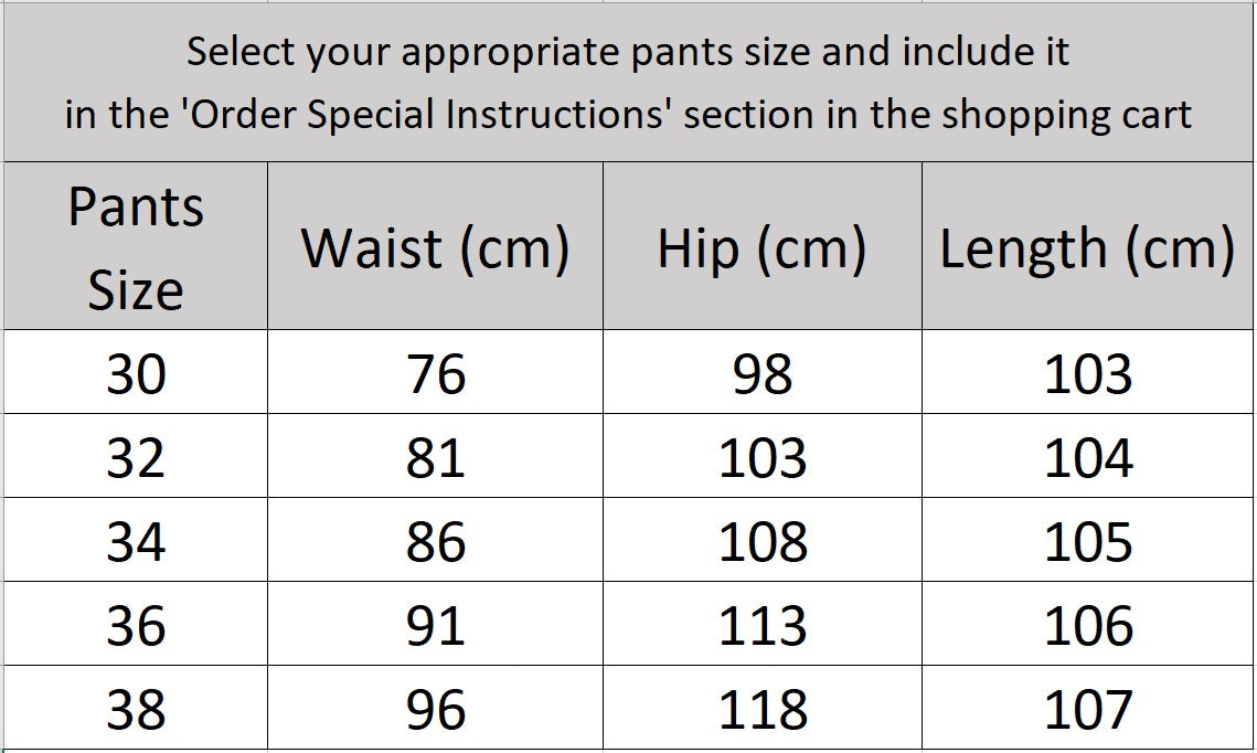 Men’s size chart for pants of the Comet-colored double-breasted suit with classic tailoring and multilayered tone, worn by a model whose presence evokes a new kind of elegance. From Borcelleclothes.