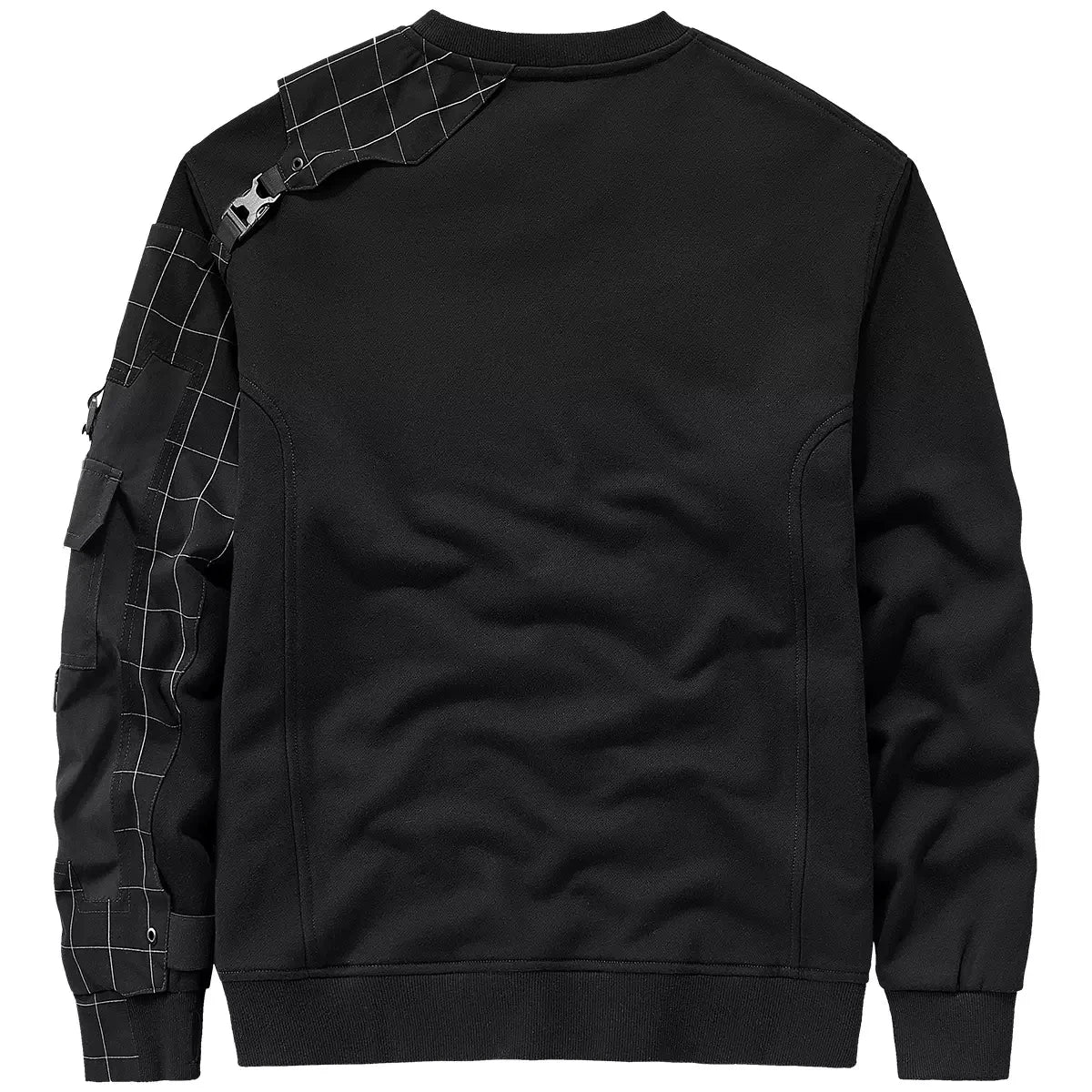 Back view of the Onyx men's compass sweatshirt with asymmetrical grid overlay and technical buckles. From Borcelleclothes.