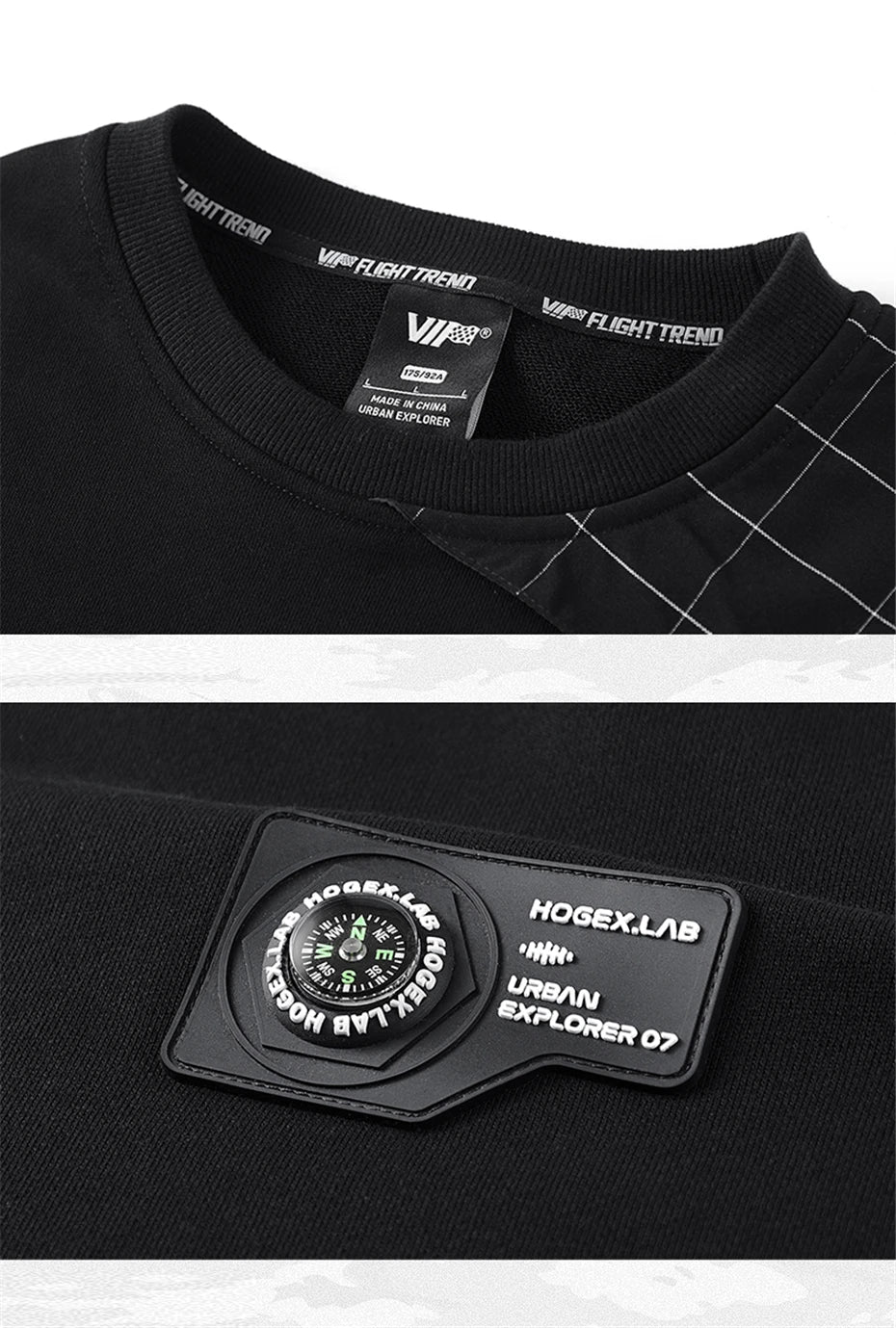 Collage showing ribbed neckband and rubberized chest patch of the Onyx men's compass sweatshirt. From Borcelleclothes.