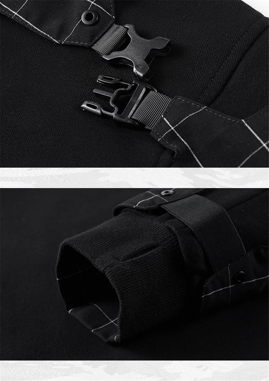 Collage showing unfastened buckle and grid-patterned cuff of the Onyx men's compass sweatshirt. From Borcelleclothes.