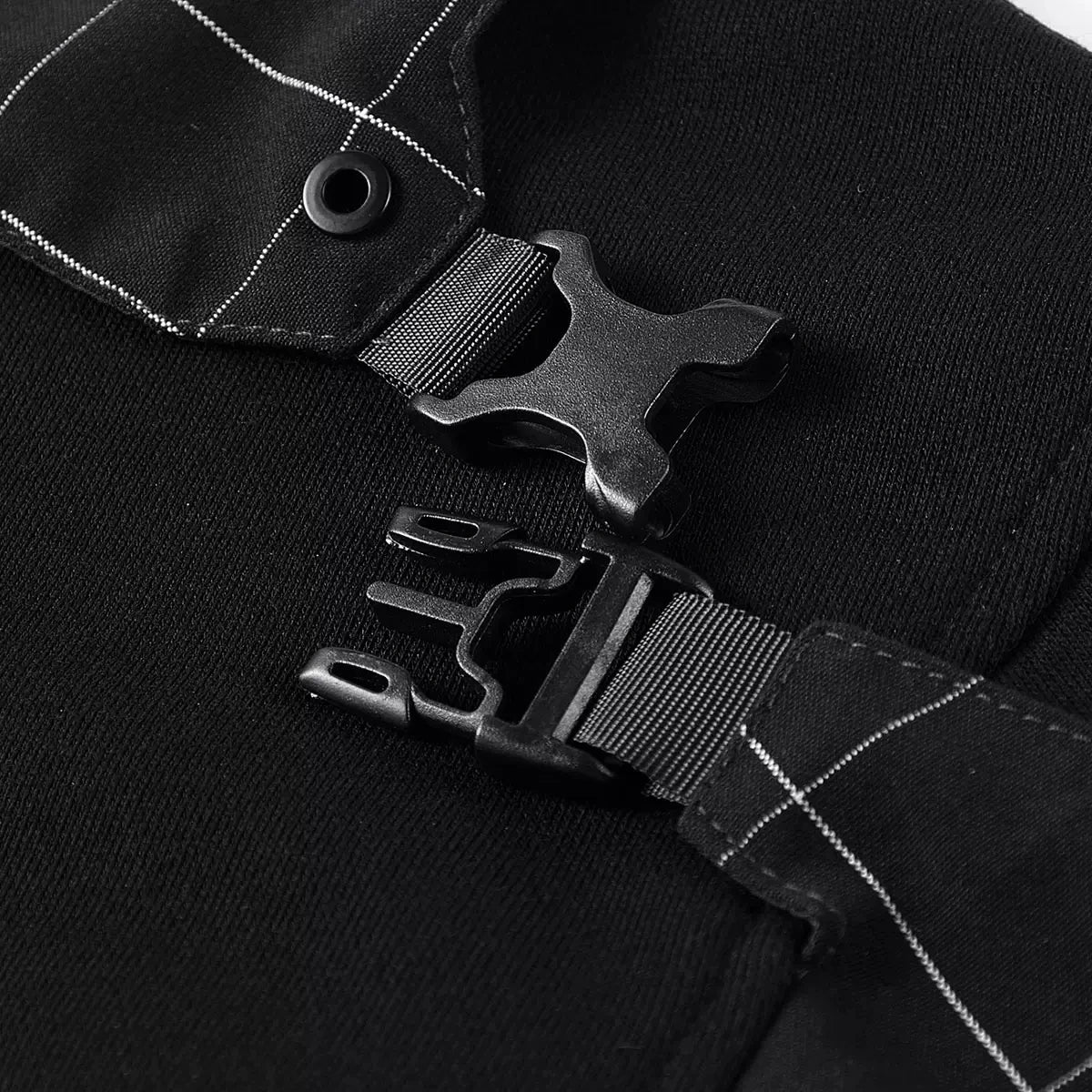 Unfastened technical buckle detail on the Onyx men's compass sweatshirt. From Borcelleclothes.