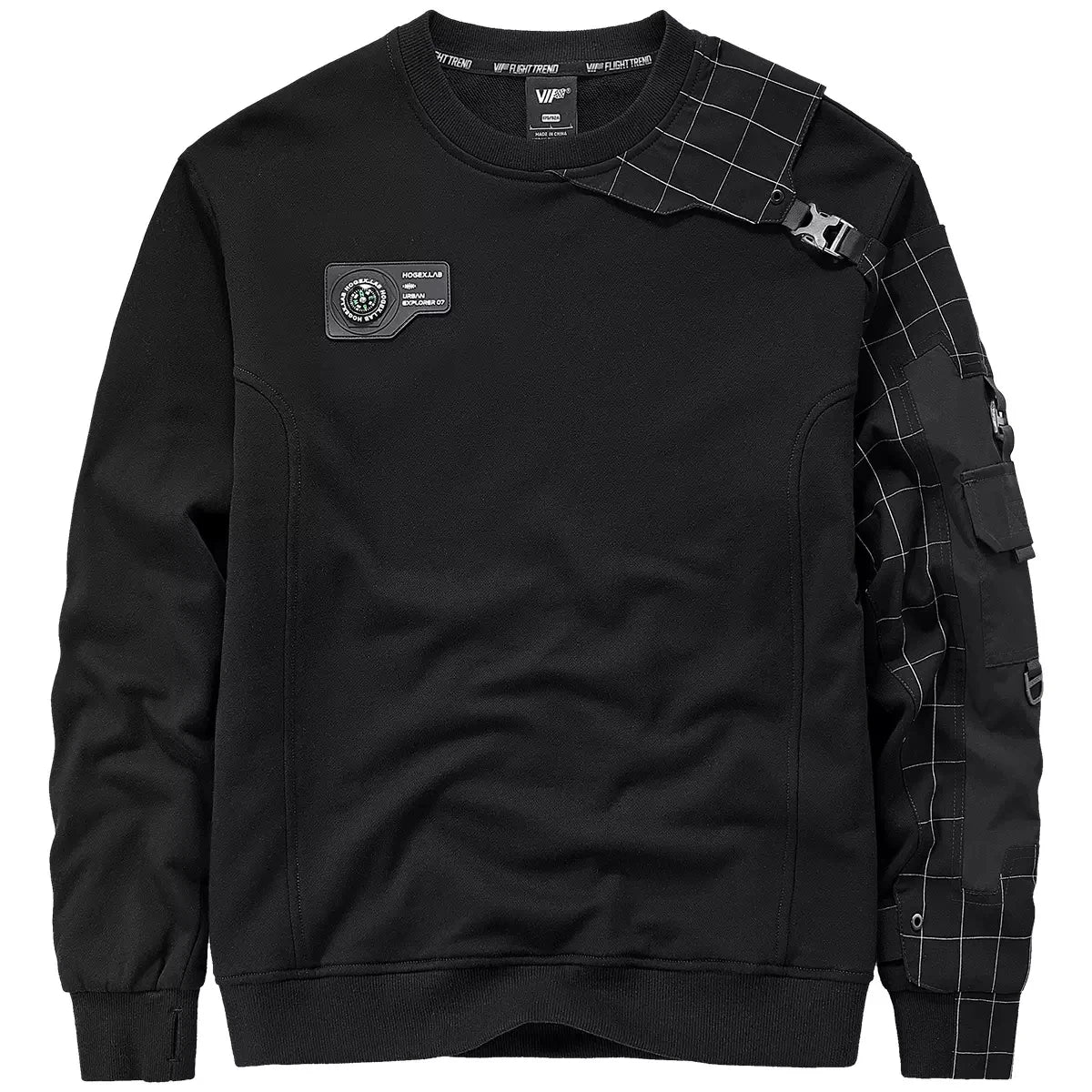 Men’s stylized compass sweatshirt with asymmetrical grid overlay, technical buckles, and rubberized chest patch. From Borcelleclothes.