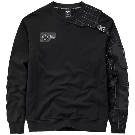 Men’s stylized compass sweatshirt with asymmetrical grid overlay, technical buckles, and rubberized chest patch. From Borcelleclothes.