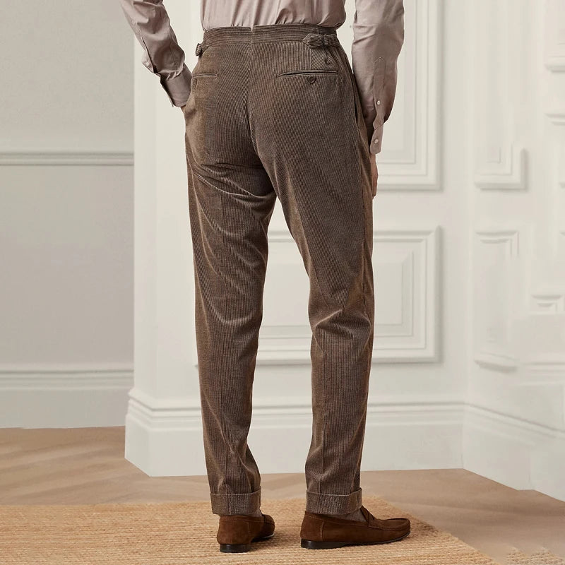 Full back view of the Cioccolato corduroy trousers, showcasing the soft drape and deep brown hue of the fabric. From Borcelleclothes.
