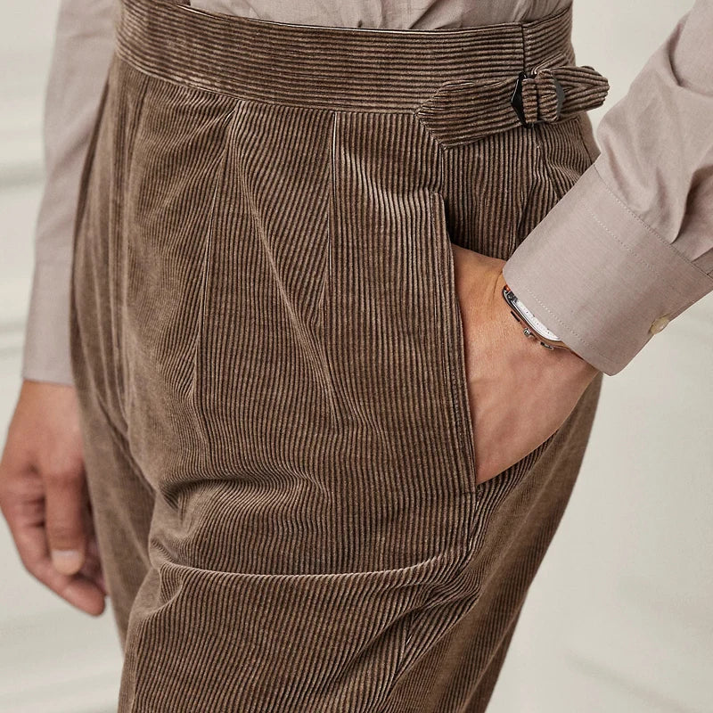 Side view of the upper part of the Cioccolato corduroy trousers, emphasizing the relaxed fit and tailored silhouette. From Borcelleclothes.