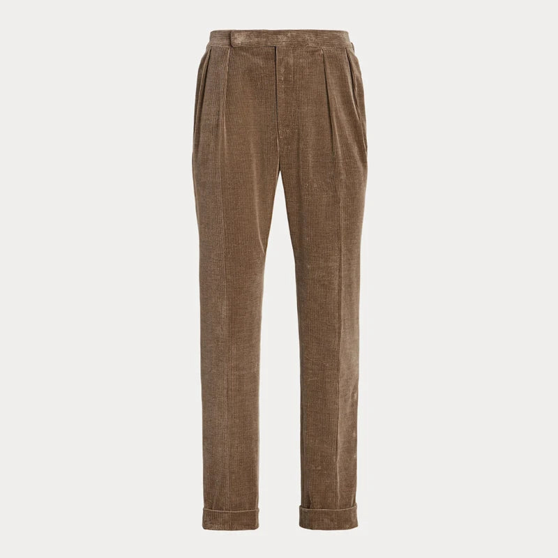 Men’s corduroy trousers in Cioccolato with front pleats and side adjusters, made from soft mid-wale corduroy for a refined, textured look. From Borcelleclothes.