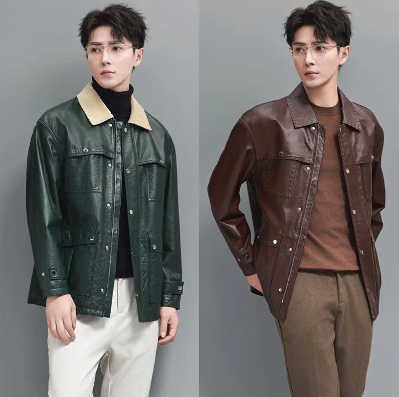 Side-by-side collage of the Outer Space and Rose Ebony leather jackets; compares color, collar, and detailing between both variations. From Borcelleclothes.