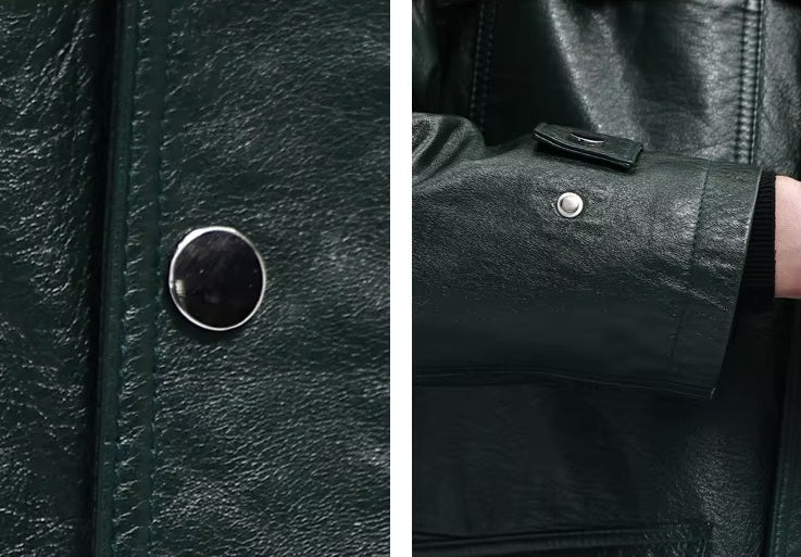 Collage showing the snapped placket and adjustable sleeve end of the men’s Outer Space leather jacket; highlights functional detailing and minimalist design. From Borcelleclothes.