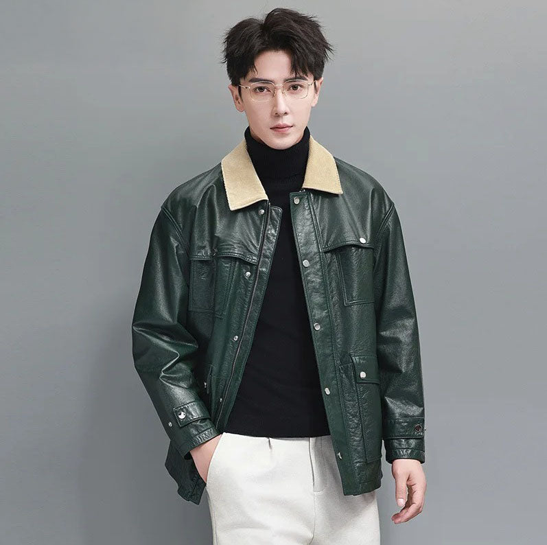 Model wearing the men’s Outer Space leather jacket with one hand in pant pocket; showcases the jacket’s clean front, structured sleeves, and relaxed fit. From Borcelleclothes.