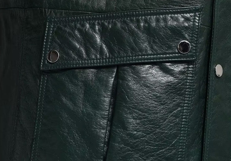 The front patch pocket on the Outer Space leather jacket; features firm structure and subtle topstitching for a polished finish. From Borcelleclothes.