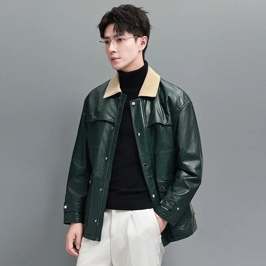 Men’s cow leather jacket in Outer Space with a contrast corduroy collar; features a refined sheen, clean snapped placket, and firm structure for a modern, confident silhouette. From Borcelleclothes.