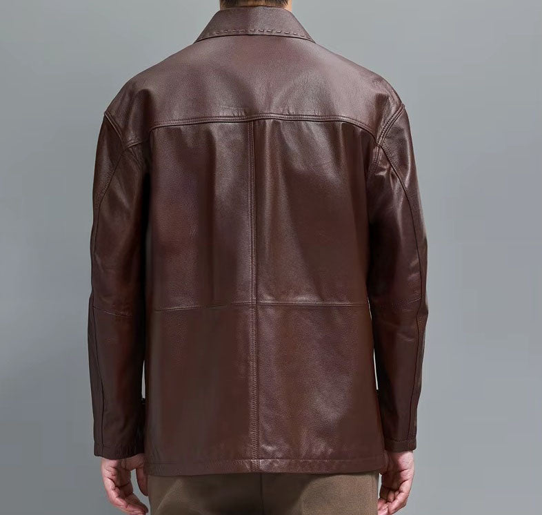 Back view of the Rose Ebony leather jacket; reveals structured shoulders, straight back seam, and smooth leather with tonal stitching. From Borcelleclothes.