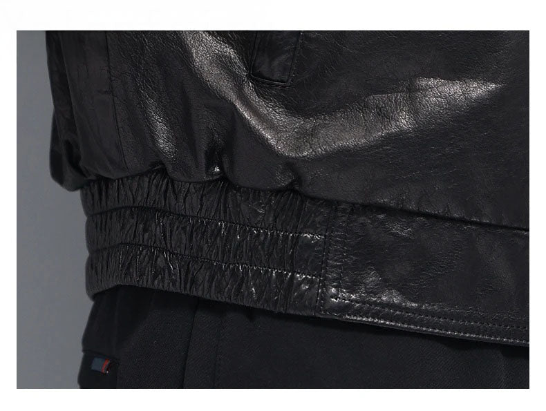 Bottom hem detail: front leather band with elasticated leather at sides and back in three casings — From Borcelleclothes.