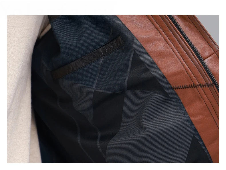 Interior single-welt pocket with leather finishing on men’s cowhide leather jacket — From Borcelleclothes.