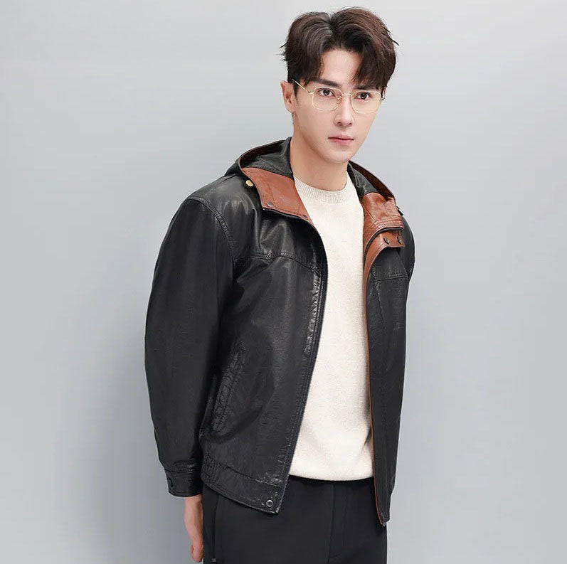 Model standing with hands behind back, men’s cowhide leather jacket, hip-length silhouette — From Borcelleclothes.