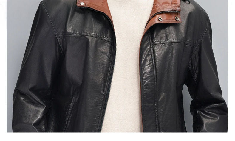 Midsection detail of men’s cowhide leather jacket: metal zip, placket, waist single-welt pockets — From Borcelleclothes.