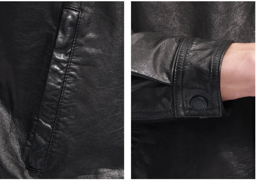 Collage: waist single-welt pocket and snap cuff with sleeve pleats on men’s cowhide leather jacket — From Borcelleclothes.