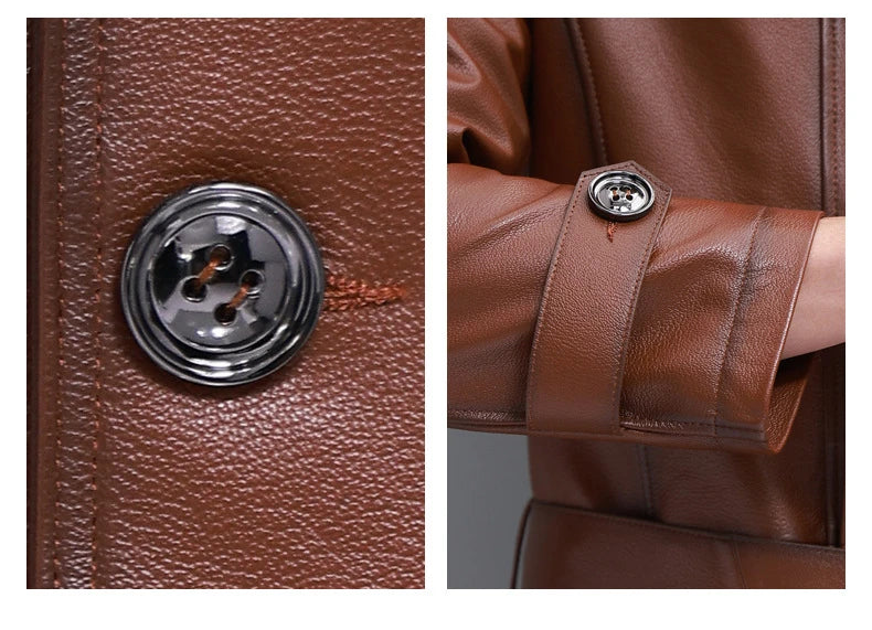 Men’s cowhide leather trench coat in Nutmeg, sleeve cuff and a button collage — From Borcelleclothes.