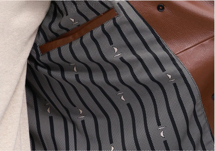 Men’s cowhide leather trench coat in Nutmeg, inner single-welt pocket — From Borcelleclothes.