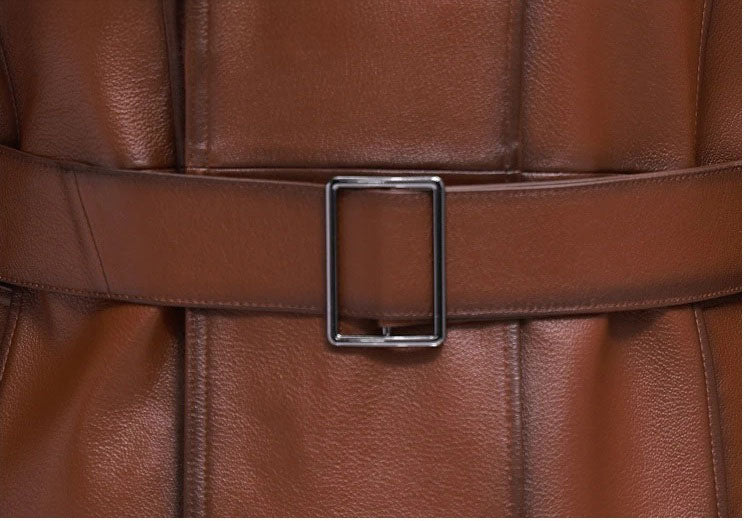Men’s cowhide leather trench coat in Nutmeg, belt buckle detail — From Borcelleclothes.