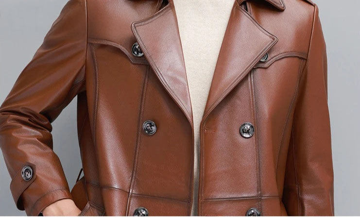 Men’s cowhide leather trench coat in Nutmeg, middle section without belt  — From Borcelleclothes.