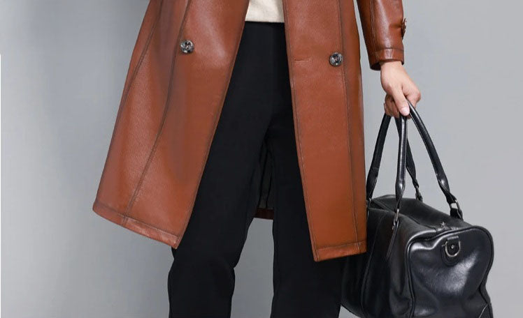 Men’s cowhide leather trench coat in Nutmeg, unfastened bottom part — From Borcelleclothes.