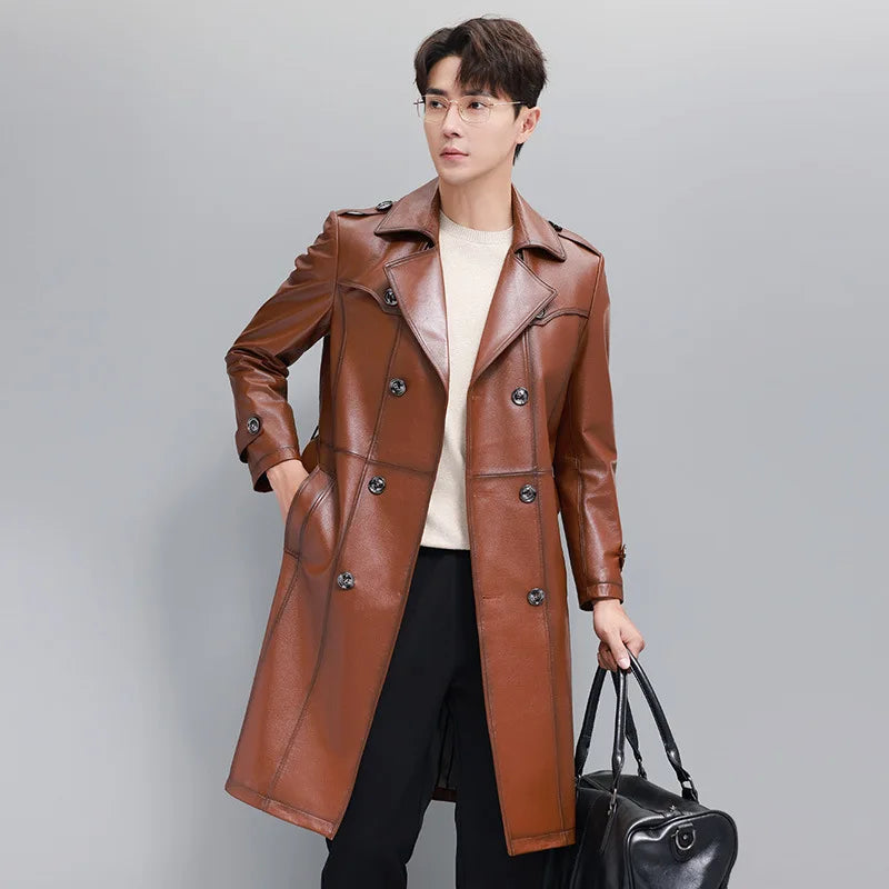 Men’s cowhide leather trench coat in Nutmeg, double-breasted with belt, storm flaps, and shoulder tabs — timeless outerwear from Borcelleclothes.