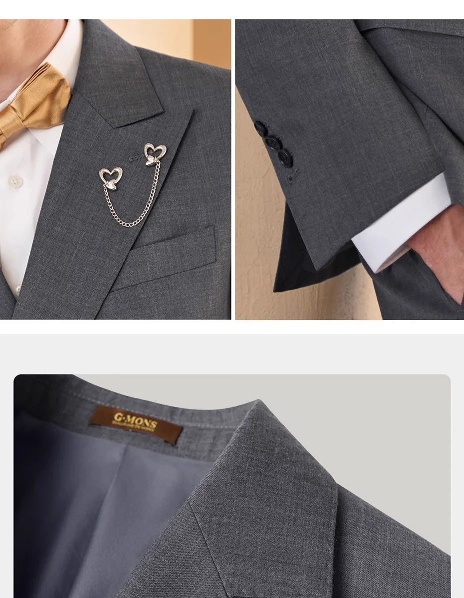 Close-up collage showing blazer lapel with decoration, collar, and model’s hand in pocket — refined tailoring details in Davy Grey. From Borcelleclothes.