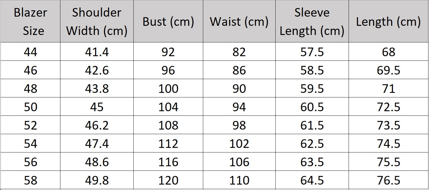 Men’s size chart for a blazer of the three-piece suit in Davy Grey with double-breasted blazer and peaked lapels — a soft, structured take on modern formality. From Borcelleclothes.