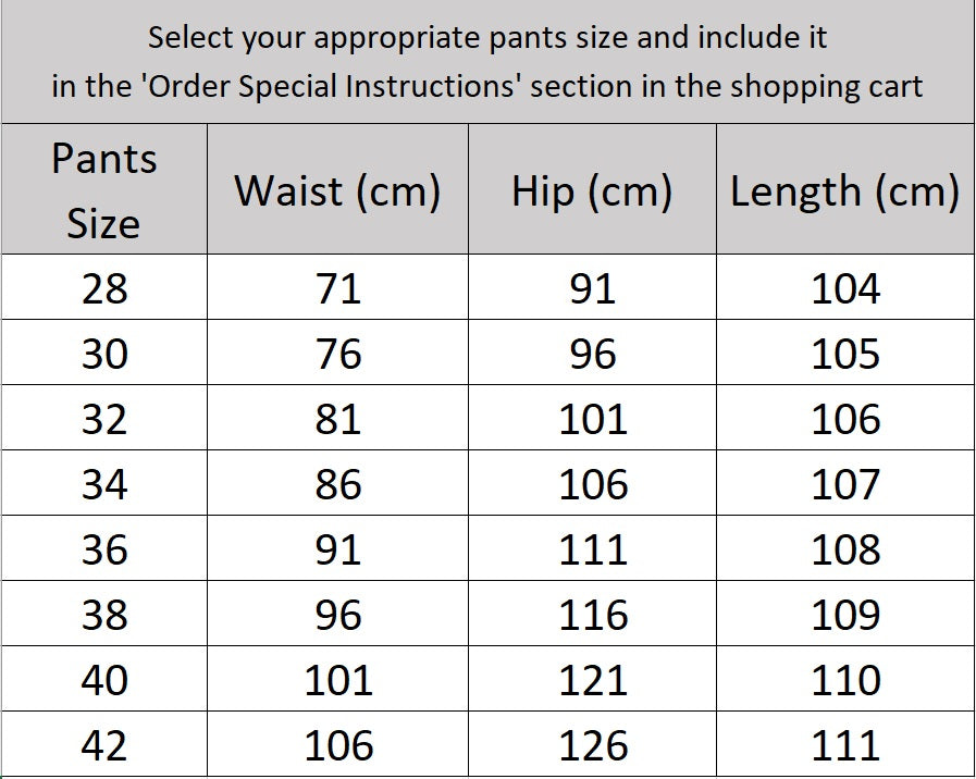 Men’s size chart for pants of the three-piece suit in Davy Grey with double-breasted blazer and peaked lapels — a soft, structured take on modern formality. From Borcelleclothes.