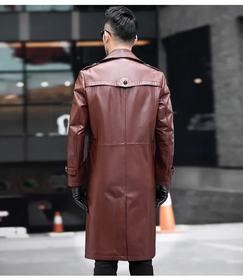 Men’s Deep Coffee cowhide leather trench coat, back view — From Borcelleclothes.