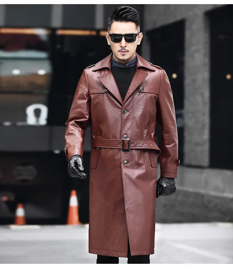 Men’s Deep Coffee cowhide leather trench coat, model in motion — From Borcelleclothes.