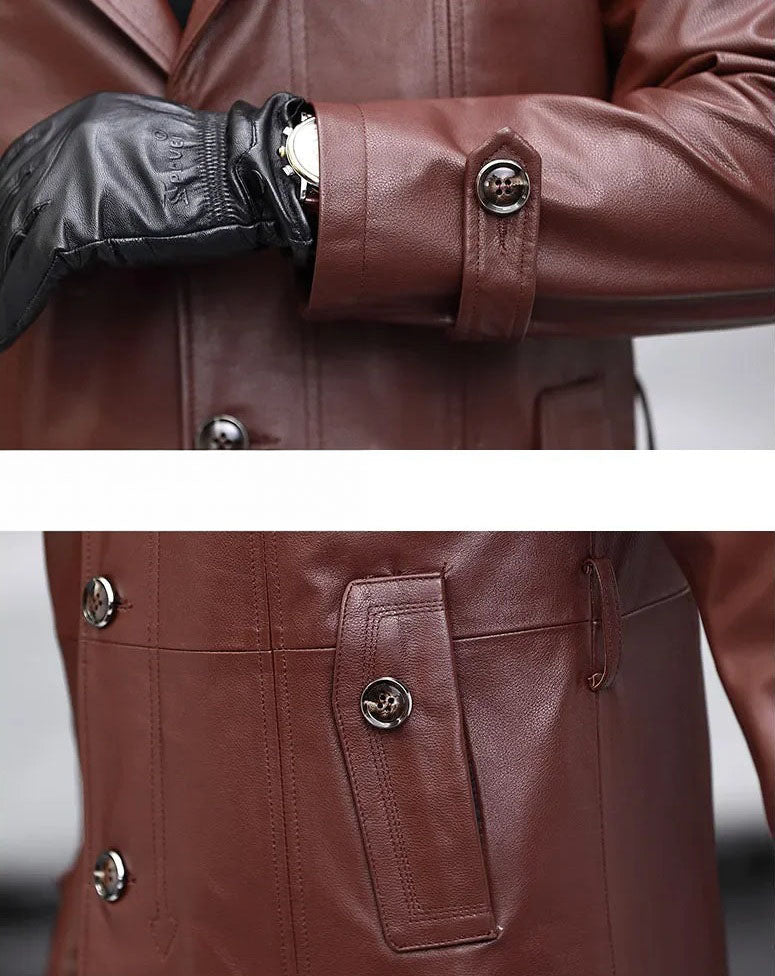 Men’s Deep Coffee cowhide leather trench coat, collage of sleeve cuff and side pocket — From Borcelleclothes.