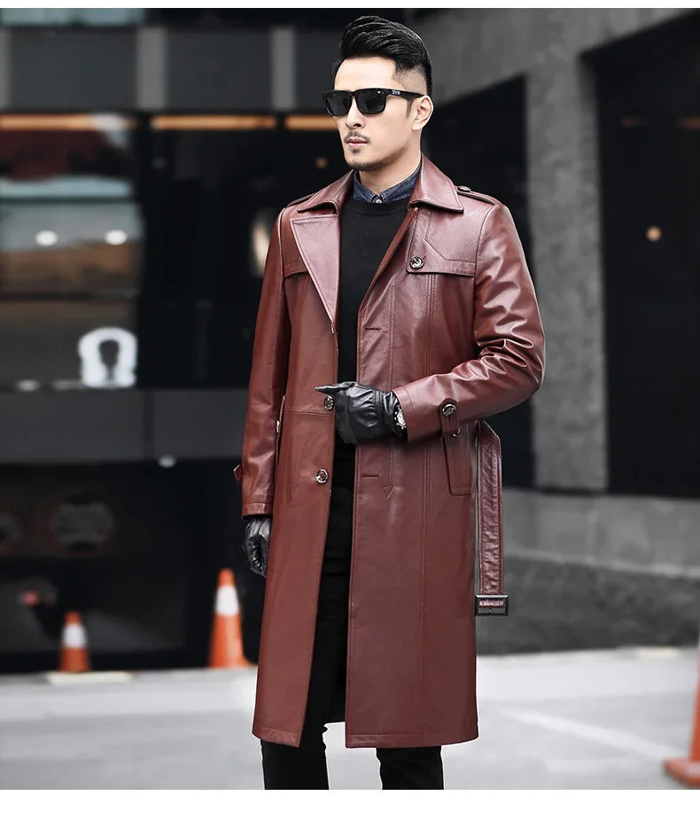 Men’s Deep Coffee cowhide leather trench coat, model turned slightly to the side — From Borcelleclothes.