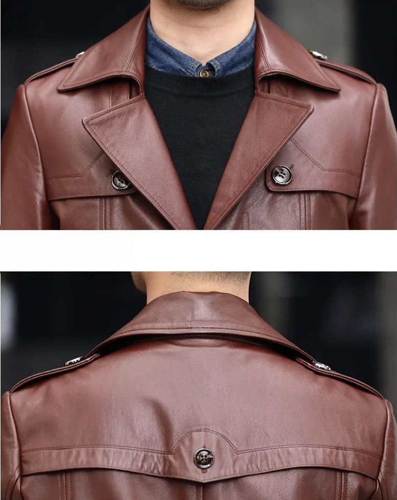 Men’s Deep Coffee cowhide leather trench coat, collage of upper parts front and back — From Borcelleclothes.