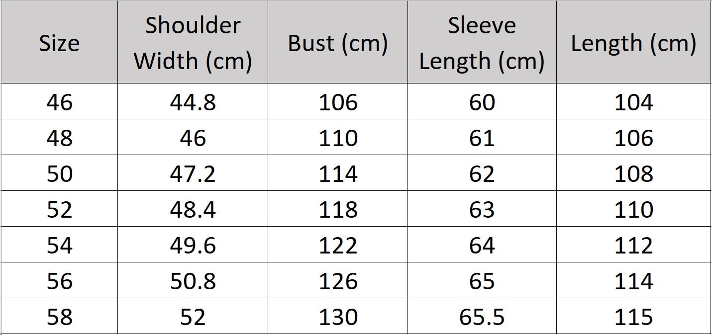 Men’s size chart for a Deep Coffee cowhide leather trench coat, grain texture, double-breasted with storm flaps, belt, and back vent — From Borcelleclothes.