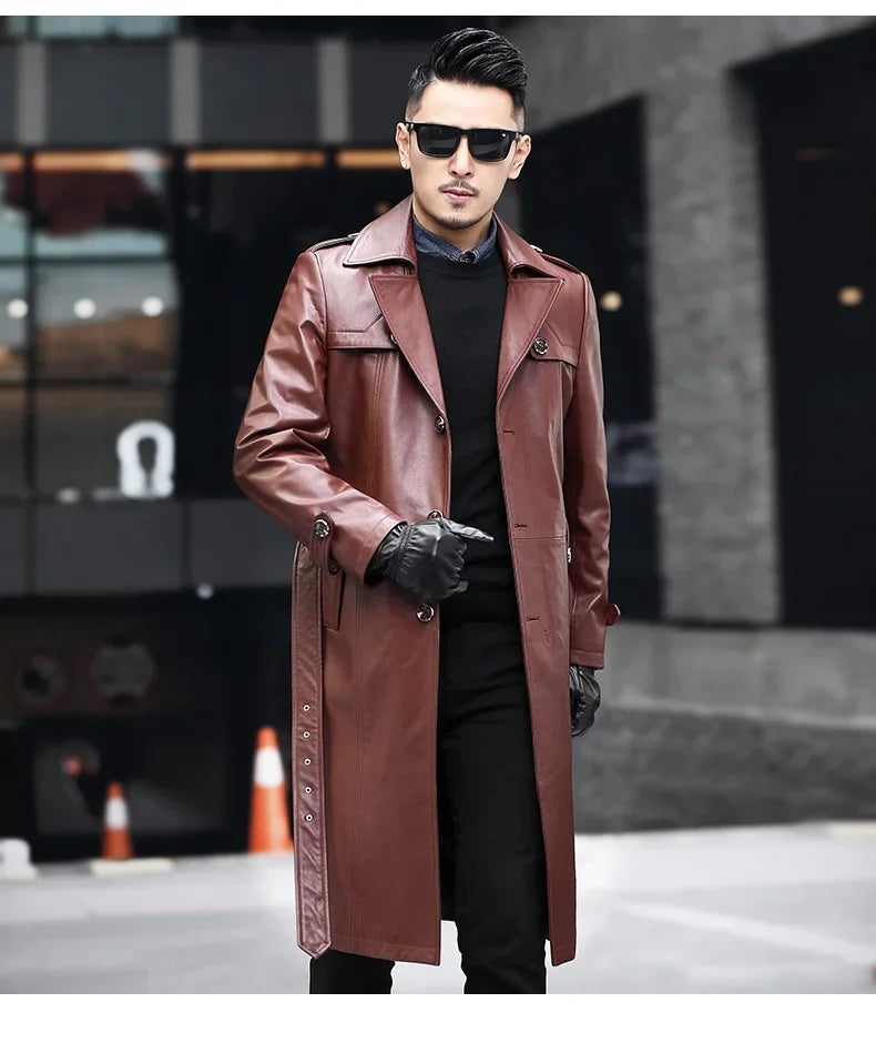 Men’s Deep Coffee cowhide leather trench coat, unfastened, model holding the front side — From Borcelleclothes.