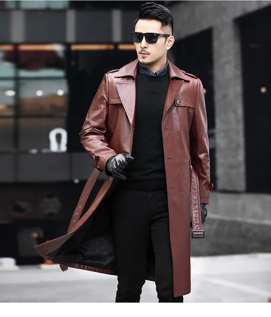 Men’s Deep Coffee cowhide leather trench coat, grain texture, double-breasted with storm flaps, belt, and back vent — From Borcelleclothes.