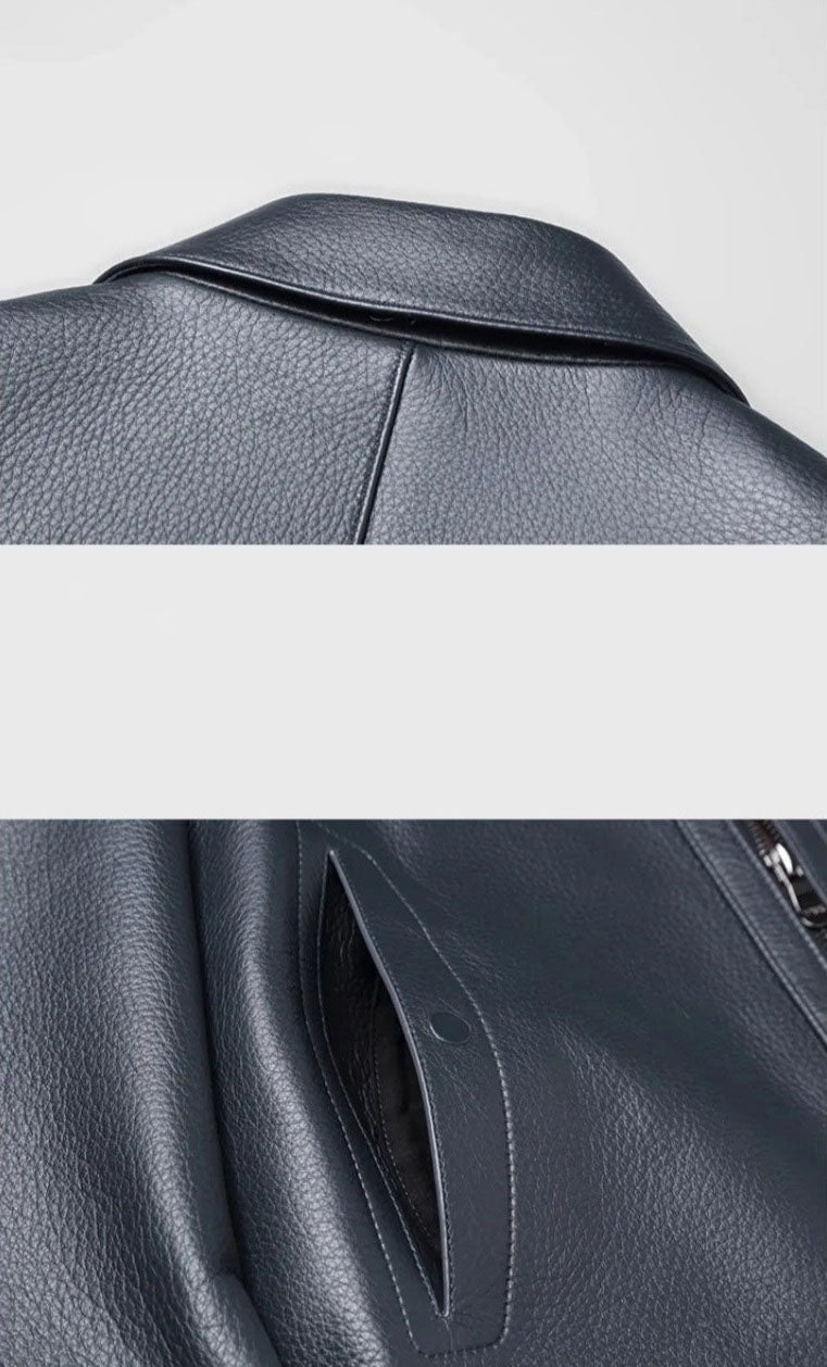 Deerskin Leather Jacket in Shuttle Grey — collage: back panel, pointed collar, hidden waist pocket with leather guard. From Borcelleclothes.