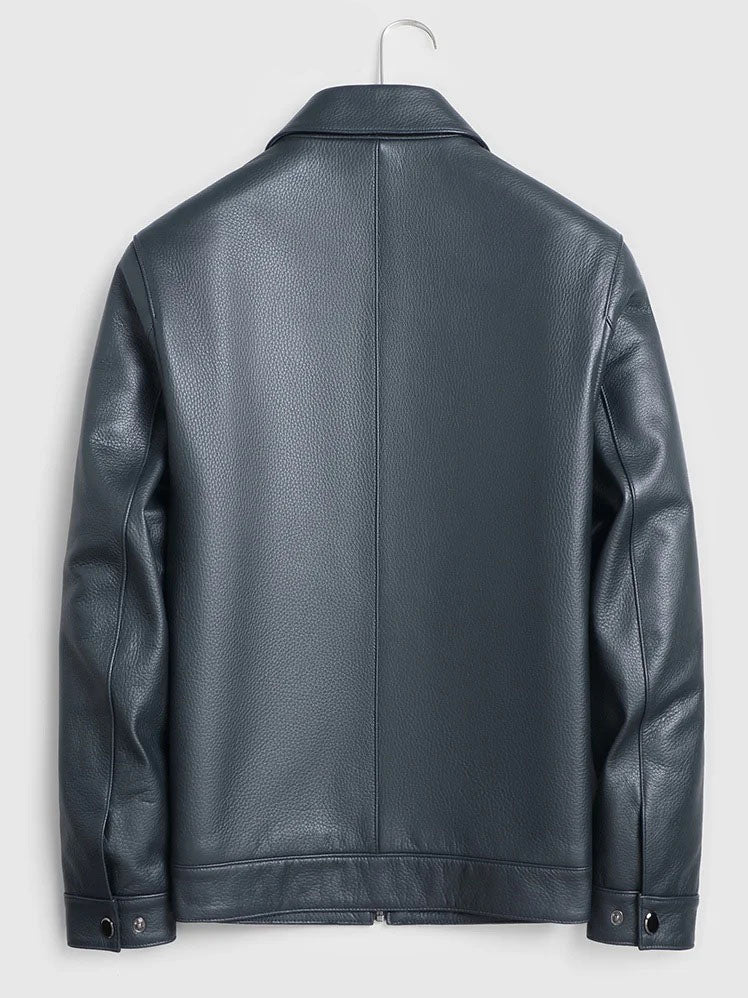 Deerskin Leather Jacket in Shuttle Grey — back; clean paneling and hem band. From Borcelleclothes.