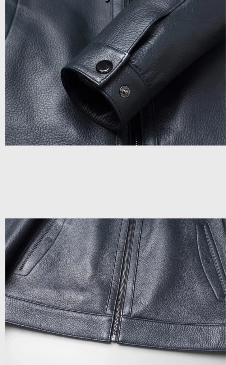 Deerskin Leather Jacket in Shuttle Grey — collage: snap cuff and hem band. From Borcelleclothes.