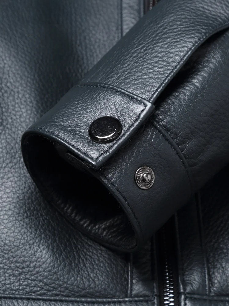 Deerskin Leather Jacket in Shuttle Grey — sleeve with snap cuff. From Borcelleclothes.