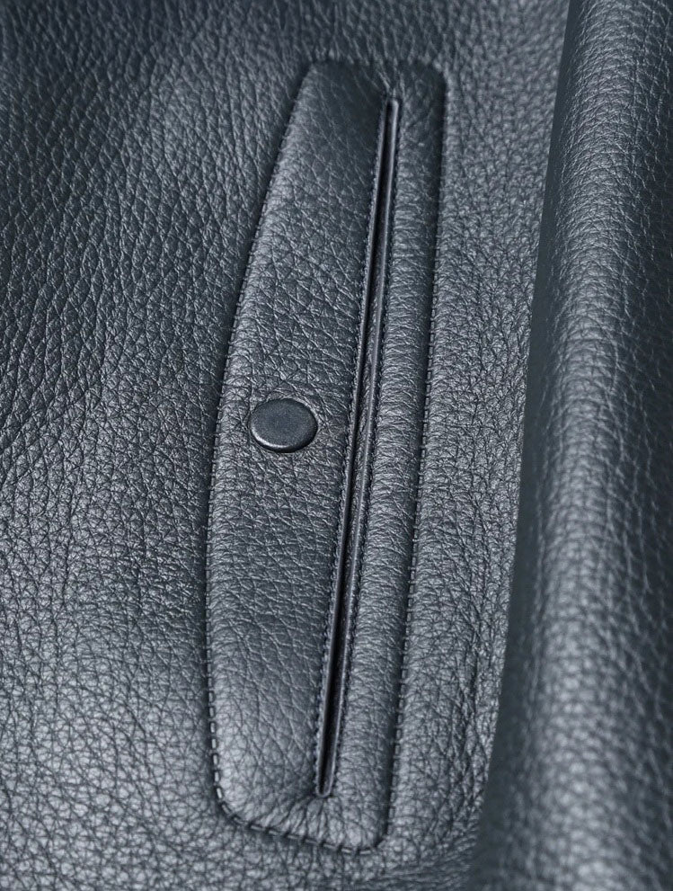 Deerskin Leather Jacket in Shuttle Grey — hidden waist pocket with clean slit opening and leather guard with snap. From Borcelleclothes.