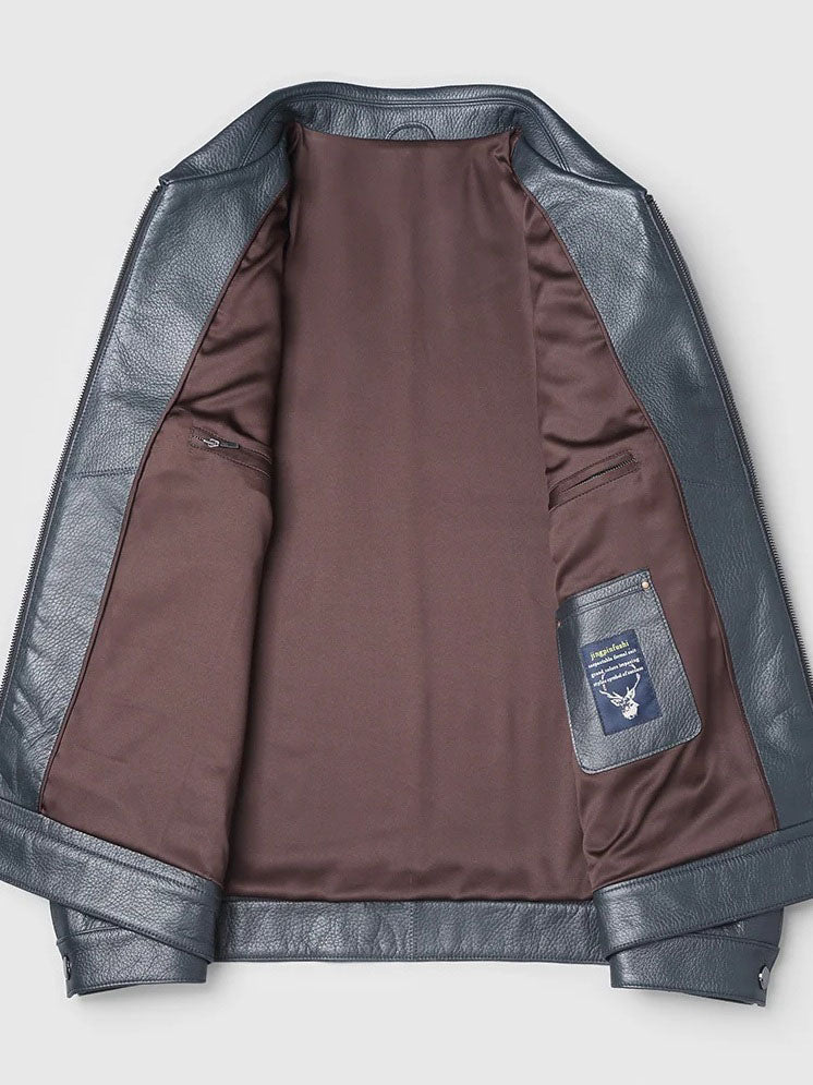 Deerskin Leather Jacket in Shuttle Grey — unfolded front laid flat; lining and interior pockets. From Borcelleclothes.