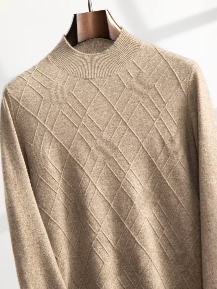 Men’s diamond-stitch cashmere sweater in Dark Vanilla color, draped to show pattern and natural texture — From Borcelleclothes.