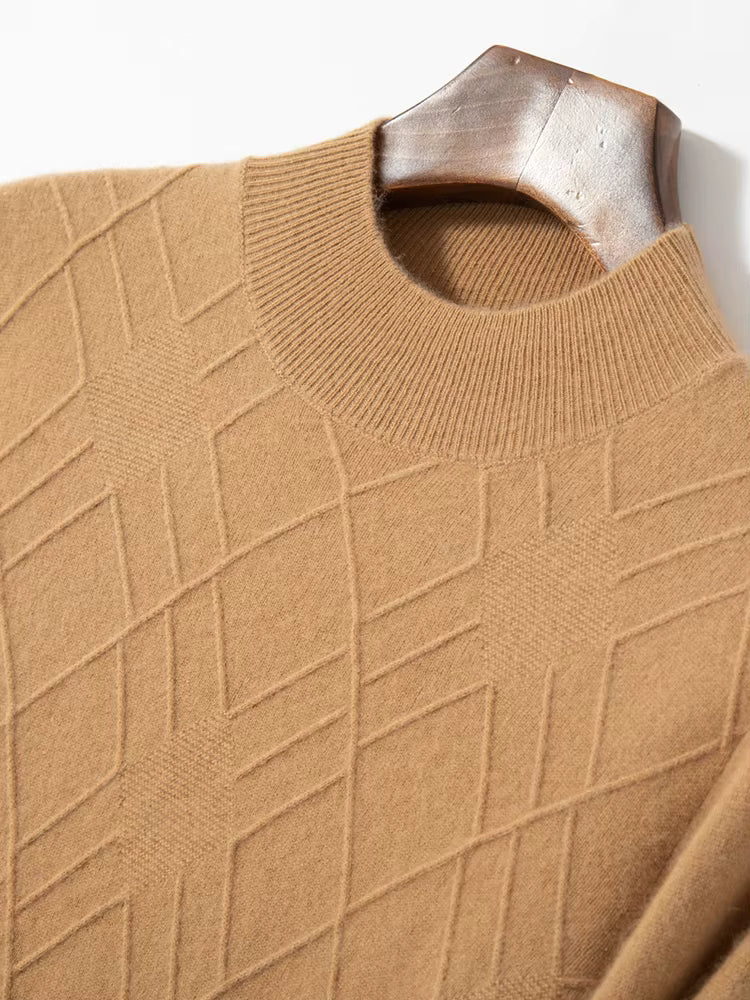 Upper part of men’s diamond-stitch cashmere sweater in Lion color, showing neckline and chest pattern — From Borcelleclothes.
